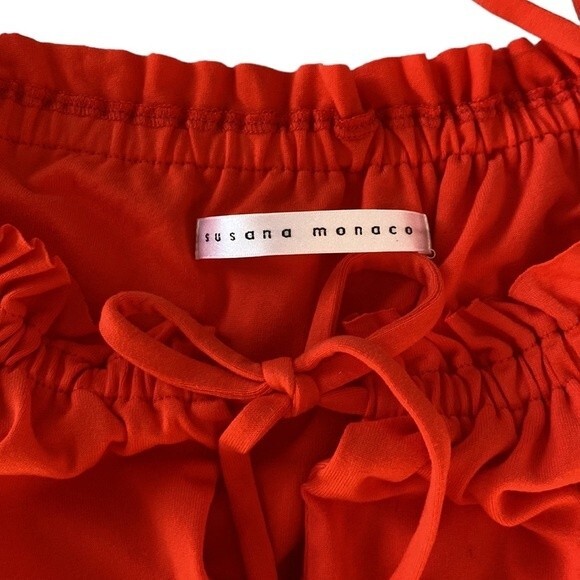 Susana Monaco Cold Shoulder Knot Front Ruffle Trim Blouse Flutter Sleeve Vibrant - Picture 6 of 11